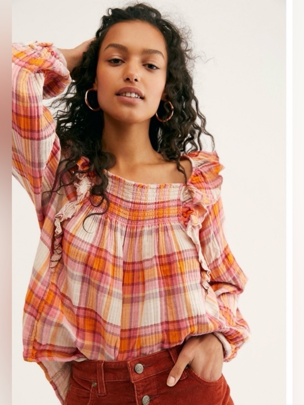 Free People We The Free Siena Plaid Shirt Top Flannel Ruffle Pink Orange Boho Sm